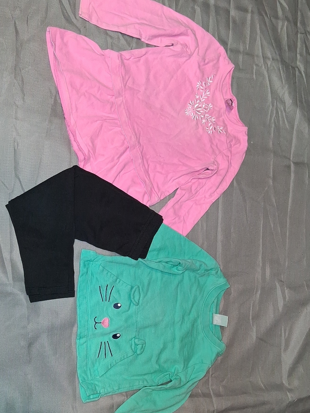 Carter's Pink Long-Sleeve Top, Teal Cat Print Top & Black Leggings Set